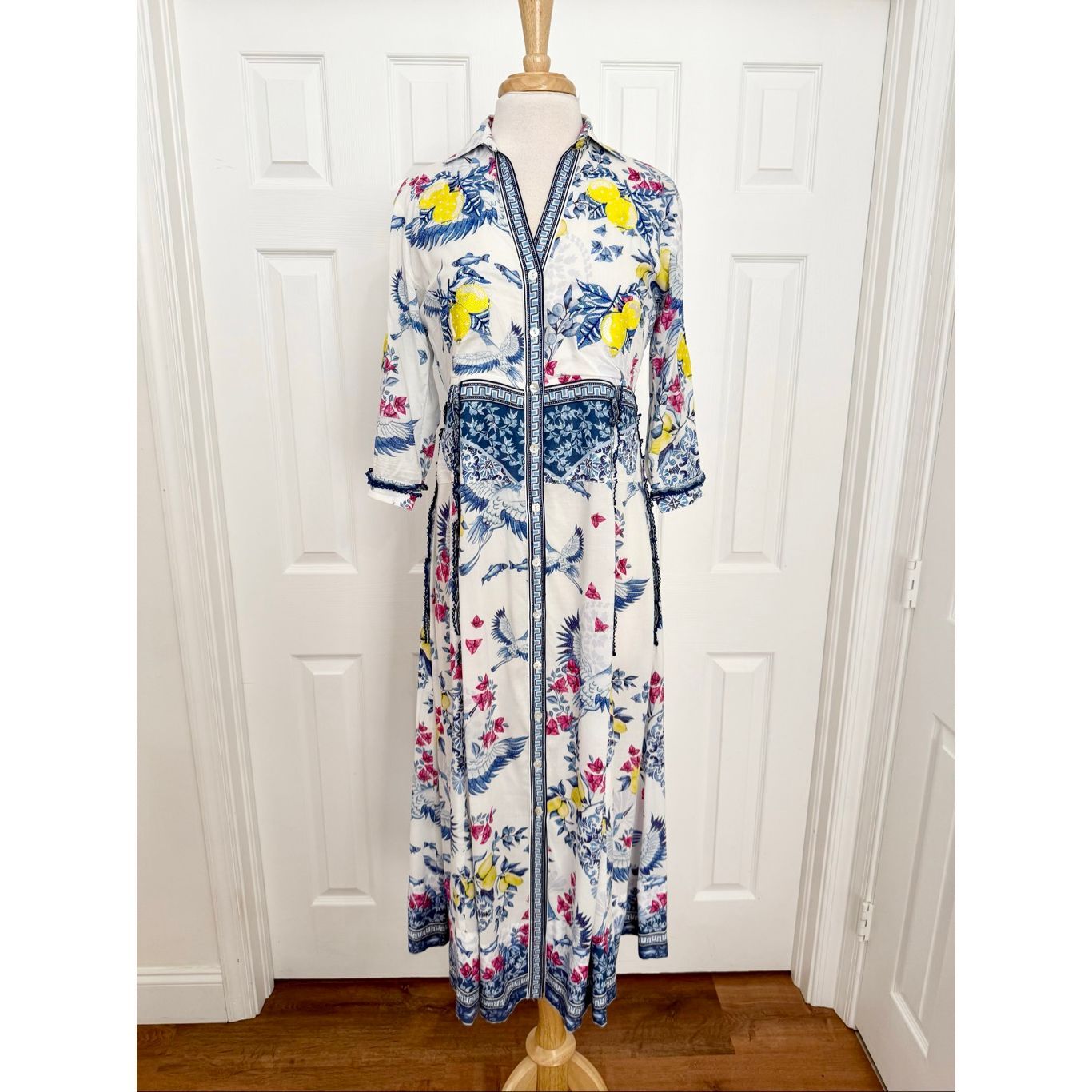 Taj By Sabrina Crippa Blue & White Lemon Print Floral Shirt Dress Embroidered M